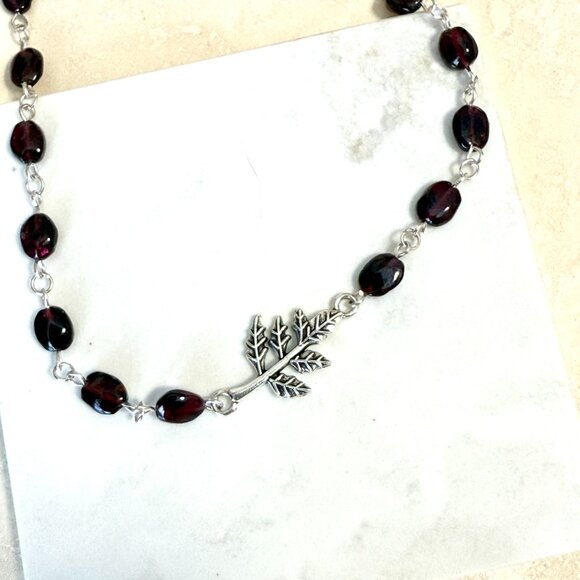 Genuine Garnet Short Necklace, Natural Gemstone w/ Leaf Branch Pendant - Picture 5 of 15